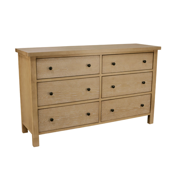 Alpine Furniture Emilia Cerused Oak Six Drawer Dresser — Modern Farmhouse, Durable Rubberwood, Soft-Close Spacious Storage Natural 5170-03
