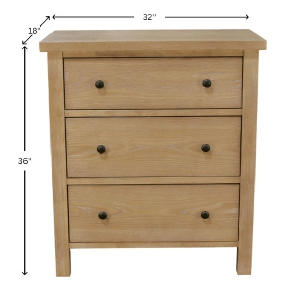 Alpine Furniture Emilia Compact Three-Drawer Chest With Warm Oak Finish, Durable Rubberwood, Soft-Close Drawers Natural 5170-05