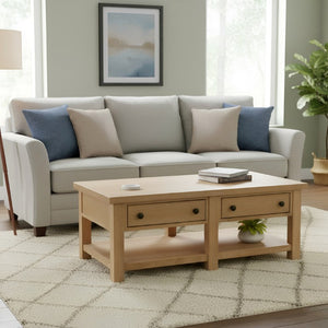 Alpine Furniture Emilia Modern Farmhouse Coffee Table With Drawers & Shelf, Rubberwood Oak Veneer, 48"W X 26"D X 18"H 5170-61