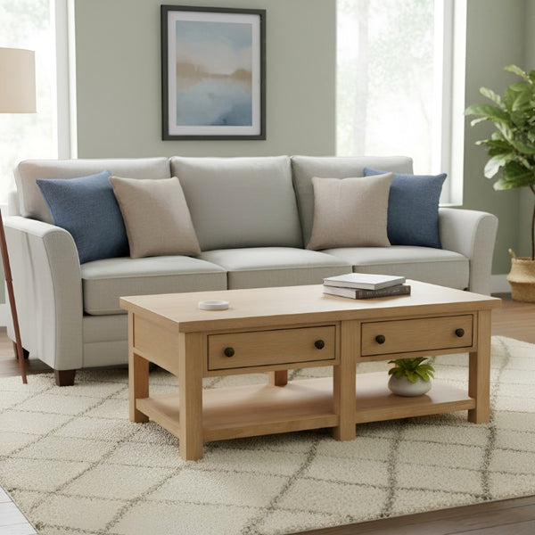Alpine Furniture Emilia Modern Farmhouse Coffee Table With Drawers & Shelf, Rubberwood Oak Veneer, 48"W X 26"D X 18"H 5170-61