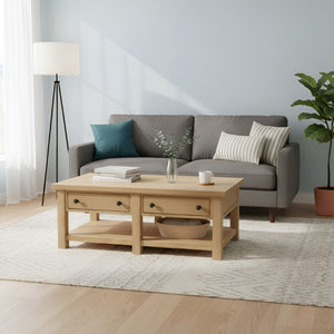 Alpine Furniture Emilia Modern Farmhouse Coffee Table With Drawers & Shelf, Rubberwood Oak Veneer, 48"W X 26"D X 18"H 5170-61