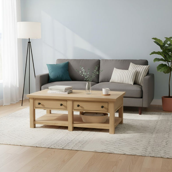 Alpine Furniture Emilia Modern Farmhouse Coffee Table With Drawers & Shelf, Rubberwood Oak Veneer, 48"W X 26"D X 18"H 5170-61