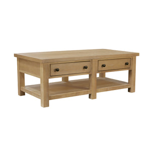 Alpine Furniture Emilia Modern Farmhouse Coffee Table With Drawers & Shelf, Rubberwood Oak Veneer, 48"W X 26"D X 18"H 5170-61