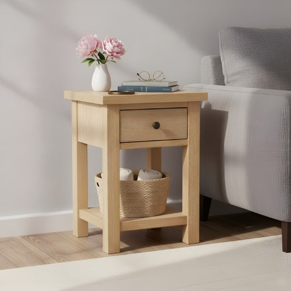 Alpine Furniture Emilia Modern Farmhouse End Table With Drawer & Shelf, Compact 18"W Accent Nightstand, Oak Finish 5170-62