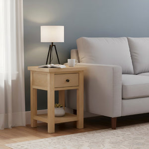 Alpine Furniture Emilia Modern Farmhouse End Table With Drawer & Shelf, Compact 18"W Accent Nightstand, Oak Finish 5170-62