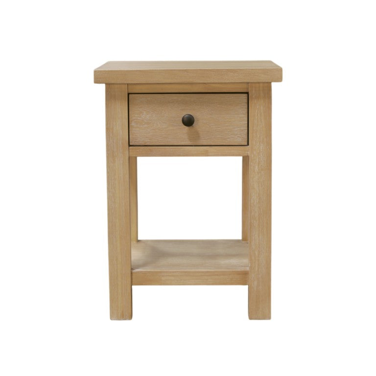 Alpine Furniture Emilia Modern Farmhouse End Table With Drawer & Shelf, Compact 18"W Accent Nightstand, Oak Finish 5170-62