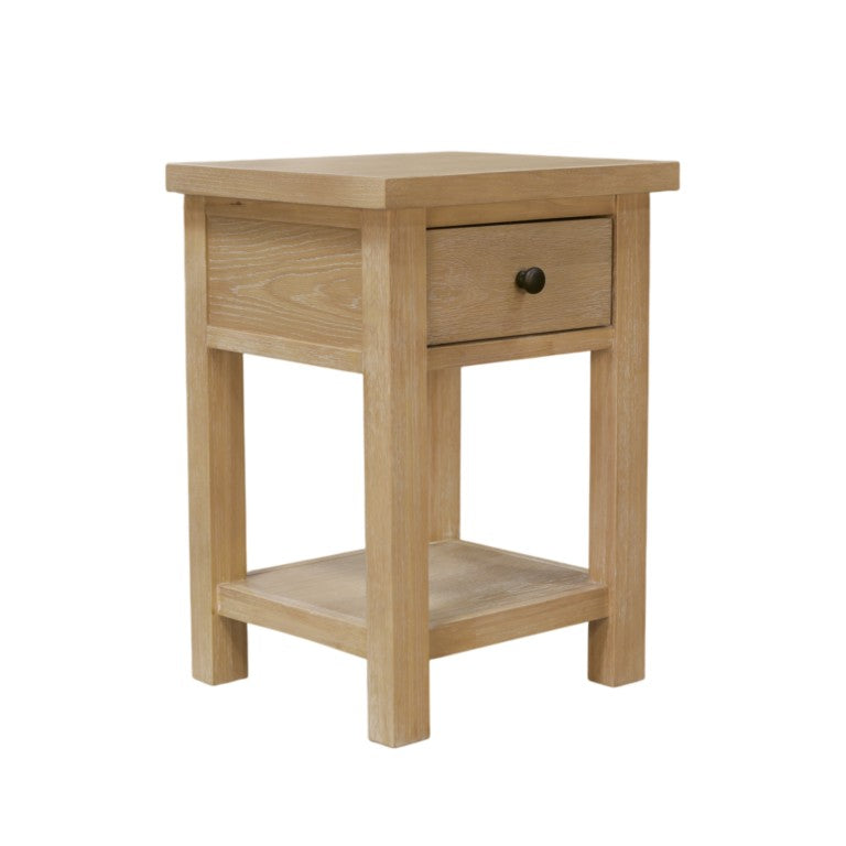 Alpine Furniture Emilia Modern Farmhouse End Table With Drawer & Shelf, Compact 18"W Accent Nightstand, Oak Finish 5170-62