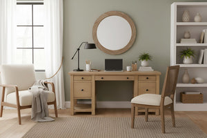 Alpine Furniture Emilia Modern Farmhouse Desk 60" X 28" – Fully Finished All-Sides, Oak-Tone Storage & Ready-To-Use 5170-65