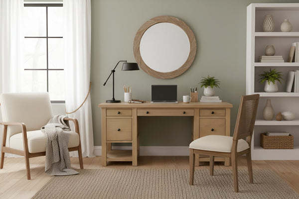 Alpine Furniture Emilia Modern Farmhouse Desk 60" X 28" – Fully Finished All-Sides, Oak-Tone Storage & Ready-To-Use 5170-65