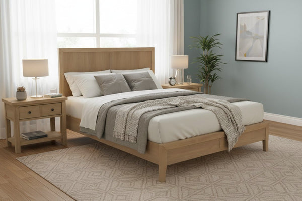 Alpine Furniture Emilia Queen Platform Bed With Tall 49" Headboard, Oak Veneer Rubberwood Frame, Slatted Support Elegance Natural 5170-01Q