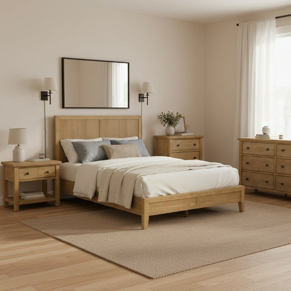 Alpine Furniture Emilia Queen Platform Bed With Tall 49" Headboard, Oak Veneer Rubberwood Frame, Slatted Support Elegance Natural 5170-01Q