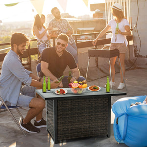 English Elm Outdoor Fire Pit 50,000 BTU Propane Gas Fire Table with Wicker Base, Glass Wind Guard, Lid, Patio Warmer Black+Brown W213P266078