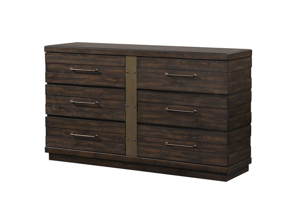 English Elm Industrial Rustic 6-Drawer Dresser in Knotty Oak Veneer with Solid Wood+MDF Build and Custom Hardware - Brown B2699P237054