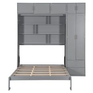 English Elm Queen Murphy Bed with Integrated Desk Cabinet Shelves Space Saving Studio Solution Gray N708S00022E-3