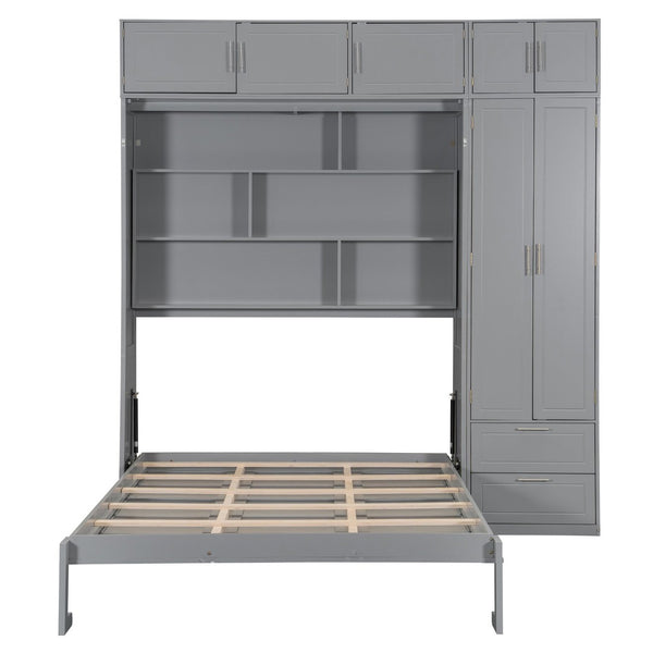 English Elm Queen Murphy Bed with Integrated Desk Cabinet Shelves Space Saving Studio Solution Gray N708S00022E-3