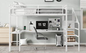English Elm Queen Size Loft Bed With L-Shaped Desk, Usb Port & Led Lights - Stylish Space-Saving Solution For All W1580S00124-GIGA