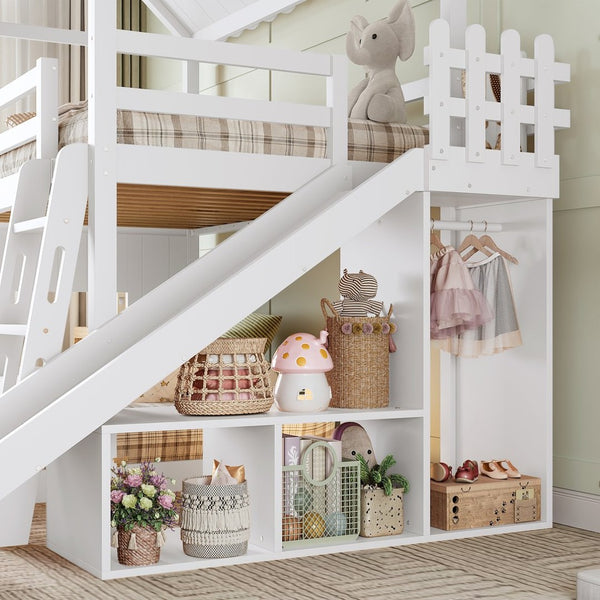 English Elm Twin Over Full Playhouse Bunk Bed with Slide Ladder Storage Shelves and Wardrobe Light White W5305S00039