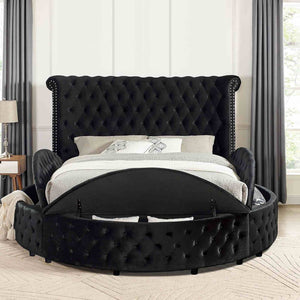 English Elm 1pc Glam Wingback Storage Bed Velvet Tufted Headboard with Usb Eastern King Black B2741S00821