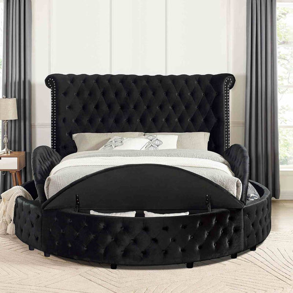 English Elm 1pc Glam Wingback Storage Bed Velvet Tufted Headboard with Usb Eastern King Black B2741S00820