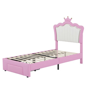 English Elm Twin Upholstered Bed Frame With Led Lights & Crown Headboard - Pink And White, Stylish Storage Solution W2770P190376-GIGA