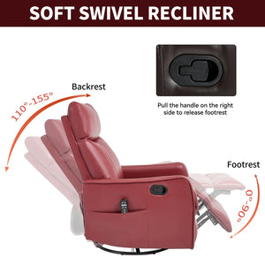 English Elm Blue Fabric Swivel Rocker Recliner with Massage Heat Nodes for Living Room Comfort Red W1803P321820