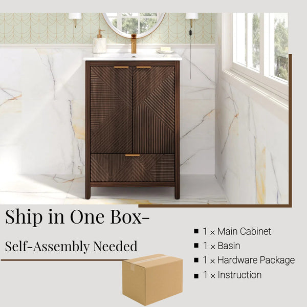 English Elm Christopher Knight Home® - 24 24-Inch Bathroom Vanity with Ceramic Sink, Textured Panels, Soft-Close Drawer & Large Storage Brown N817P339017B