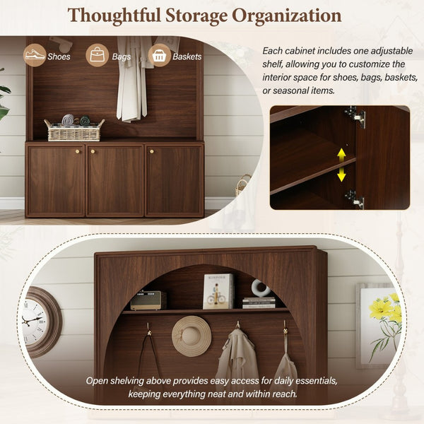 English Elm On-trend Farmhouse Hall Tree Arched Cabinet Storage Bench with Golden Hooks Mudroom Walnut N721S000080P