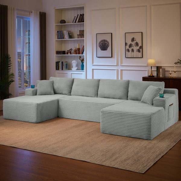 English Elm Compressible Modular U-shaped Sectional Corduroy Cloud Sofa for Spacious Living Rooms Light Grey W2339S00099