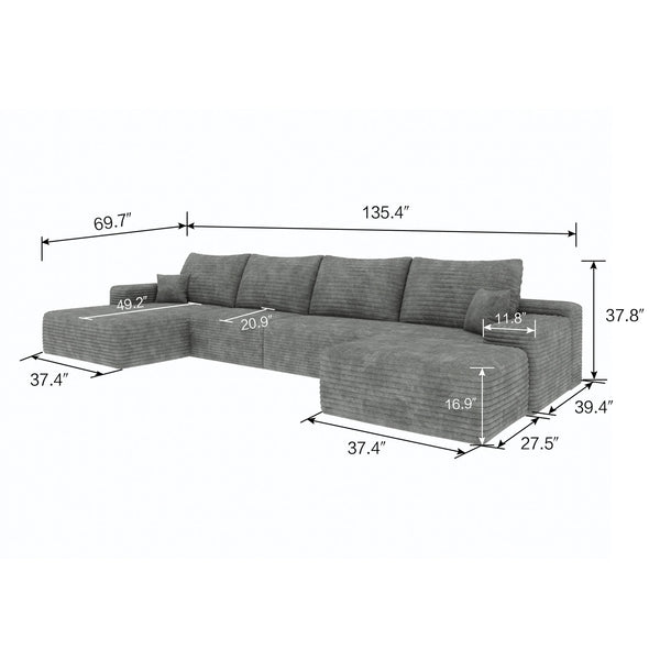 English Elm 135" Cloud Sectional Sofa With Ottoman - Modern U-Shaped Design, No Assembly, Plush Comfort In Grey W2824S00044