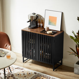 English Elm Cabinet Black Slatted Grille 6-Drawer Dresser, Modern MDF Sideboard with Metal Legs & Adjustable Shelves W578P193310