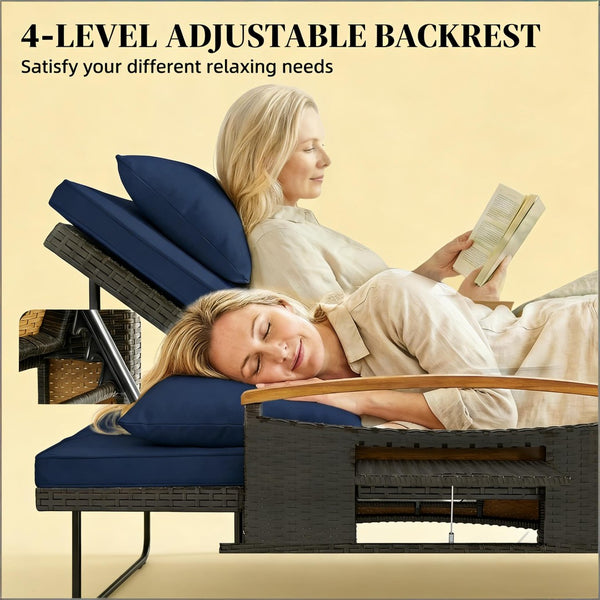 English Elm 4-in-1 Wicker Outdoor Daybed with Acacia Armrests Reclining Loveseat and Storage Ottoman Navy Blue T3971P484859