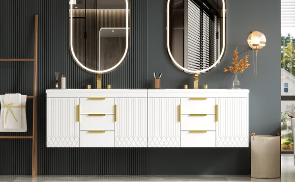 English Elm 72'' Wall Mounted Bathroom Vanity with 4 Drawers & Double Cabinets, Waterproof MDF, Smooth Slide Rails White N710SS00009K