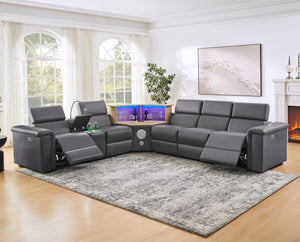 English Elm 5-seater Air Leather Power Reclining Sectional with Led Bluetooth Subwoofer and Lift Cabinet Dark Grey W1191S00125