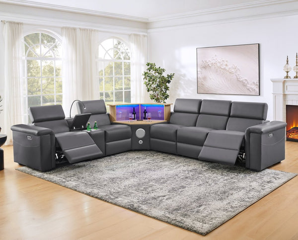 English Elm 5-seater Air Leather Power Reclining Sectional with Led Bluetooth Subwoofer and Lift Cabinet Dark Grey W1191S00125