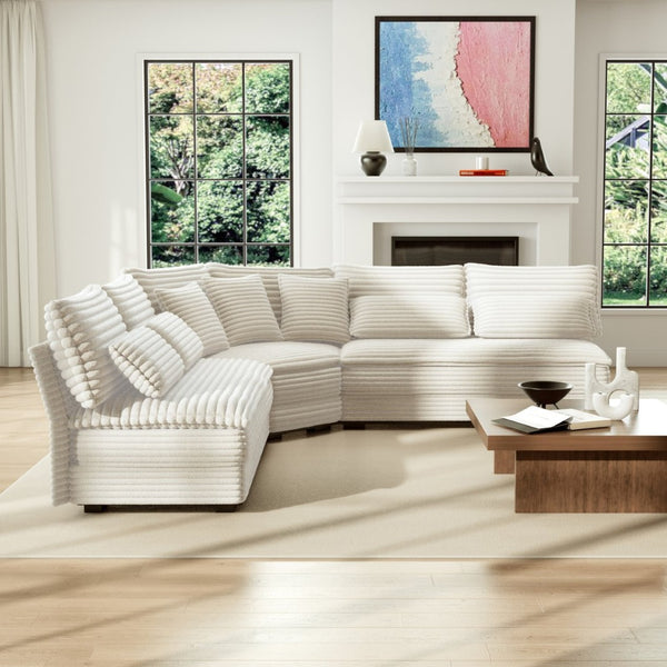 English Elm 5-seater Curved Corner Sectional Sofa Ribbed Corduroy Upholstery with Seven Accent Pillows Beige W2606S00014