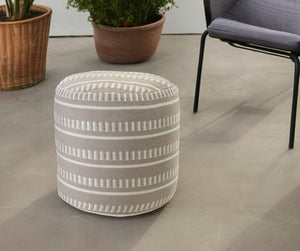 Homeroots 20" Brown Polyester Round Striped Indoor Outdoor Pouf Ottoman Taupe,White  517433