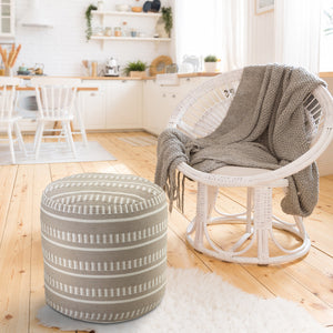 Homeroots 20" Brown Polyester Round Striped Indoor Outdoor Pouf Ottoman Taupe,White  517433