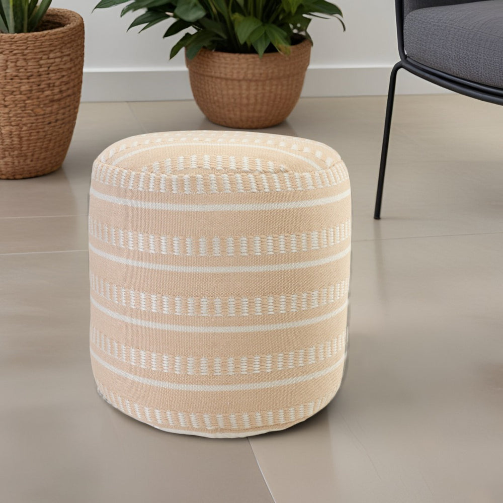 HomeRoots 20" Brown Striped Pouf Ottoman - Versatile Indoor/Outdoor Accent, Comfortable Footrest or Extra Seat Peach/White 517436