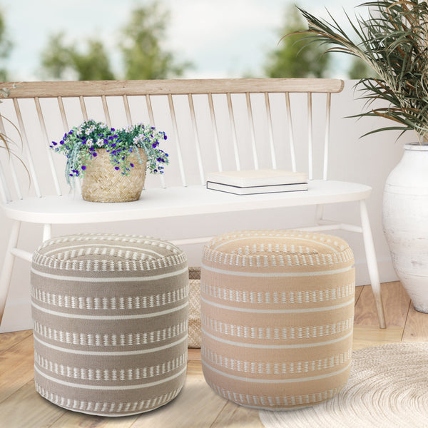 Homeroots 20" Orange Polyester Round Striped Indoor Outdoor Pouf Ottoman Peach,White  517436