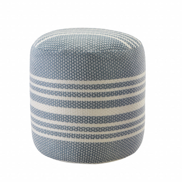 Homeroots 20" Blue Polyester Round Striped Indoor Outdoor Pouf Ottoman   517438
