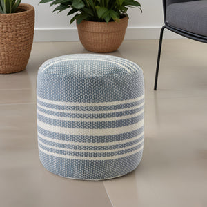Homeroots 20" Blue Polyester Round Striped Indoor Outdoor Pouf Ottoman   517438