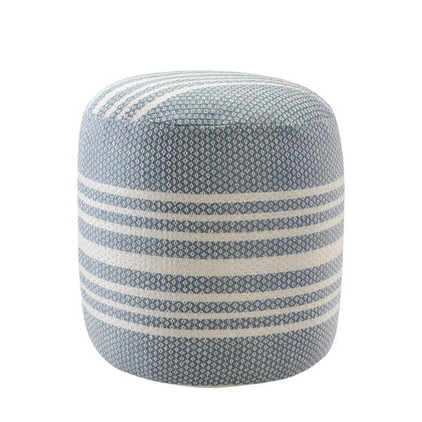 Homeroots 20" Blue Polyester Round Striped Indoor Outdoor Pouf Ottoman   517438