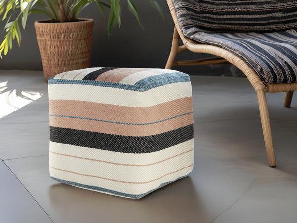 Homeroots 20" White Polyester Striped Indoor Outdoor Pouf Ottoman   517439