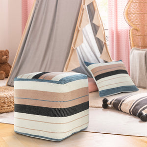 Homeroots 20" White Polyester Striped Indoor Outdoor Pouf Ottoman   517439