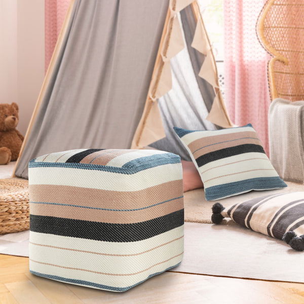 Homeroots 20" White Polyester Striped Indoor Outdoor Pouf Ottoman   517439