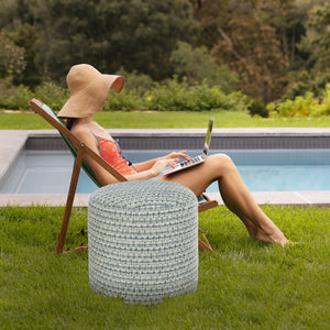 Homeroots 20" Blue Polyester Round Geometric Indoor Outdoor Pouf Ottoman   517440