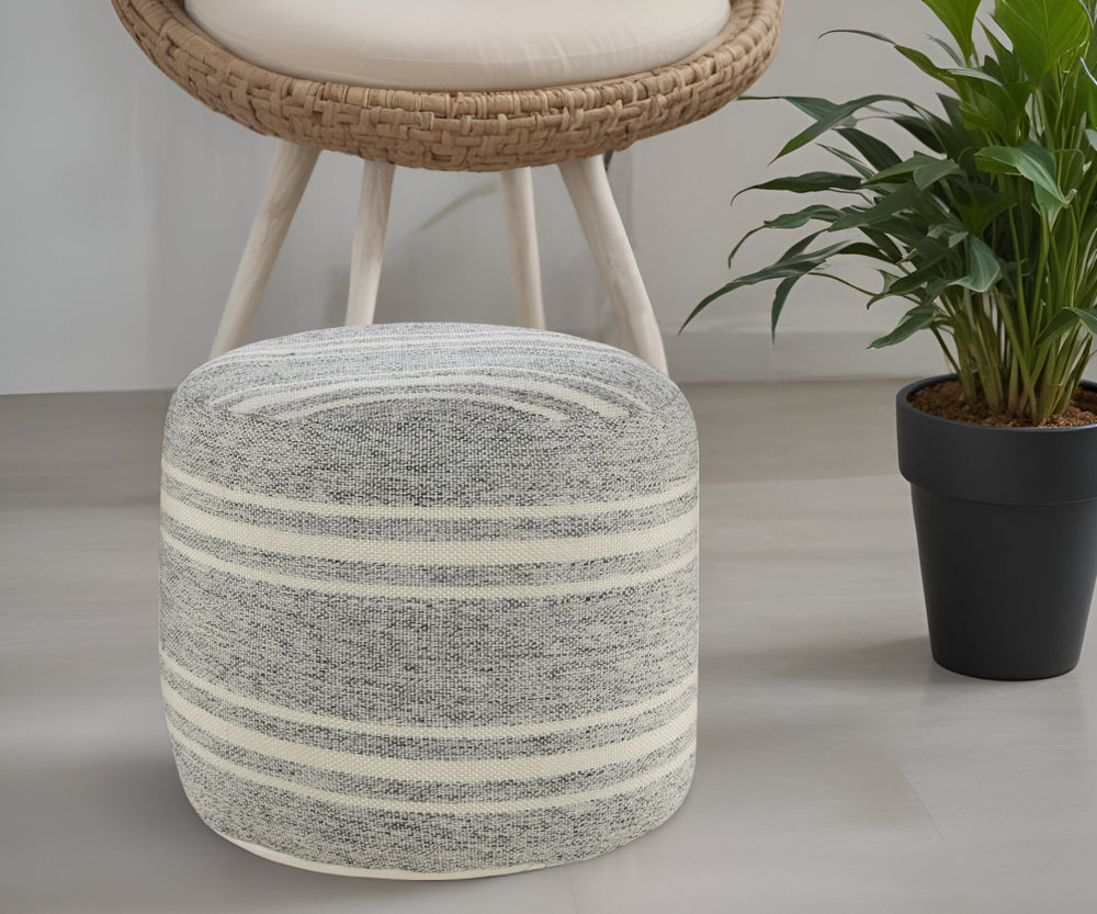 Homeroots 18" Gray Polyester Round Striped Indoor Outdoor Pouf Ottoman   517441