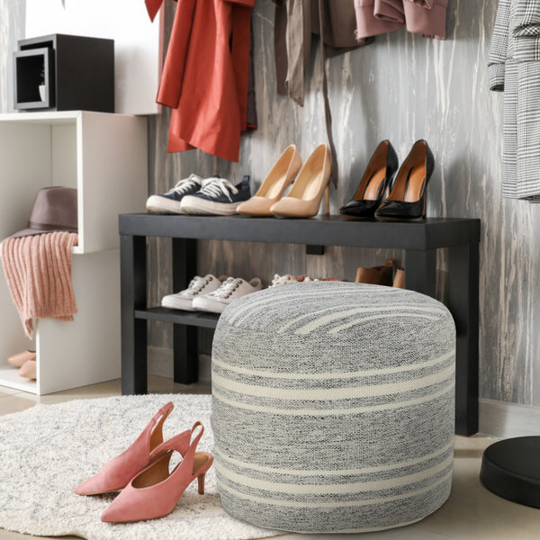 Homeroots 18" Gray Polyester Round Striped Indoor Outdoor Pouf Ottoman   517441