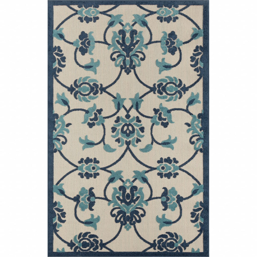 HomeRoots 5' Timeless Blue Floral Non-Skid Area Rug for Indoor and Outdoor Spaces - Durable & Stylish Decor 5' X 8' 517449