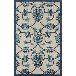 Homeroots 5' X 8' Blue Floral Non Skid Indoor Outdoor Area Rug Navy,Blue,Off,White Polypropylene 517449